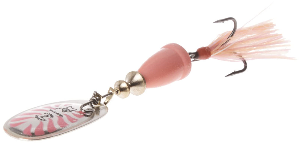 Rapala Blue Fox Vibrax 02 glow lure with pink-orange glow for night fishing action.