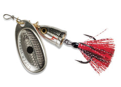 Rapala Blue Fox Vibrax foxtail lure with silver shiner attracts freshwater fish.