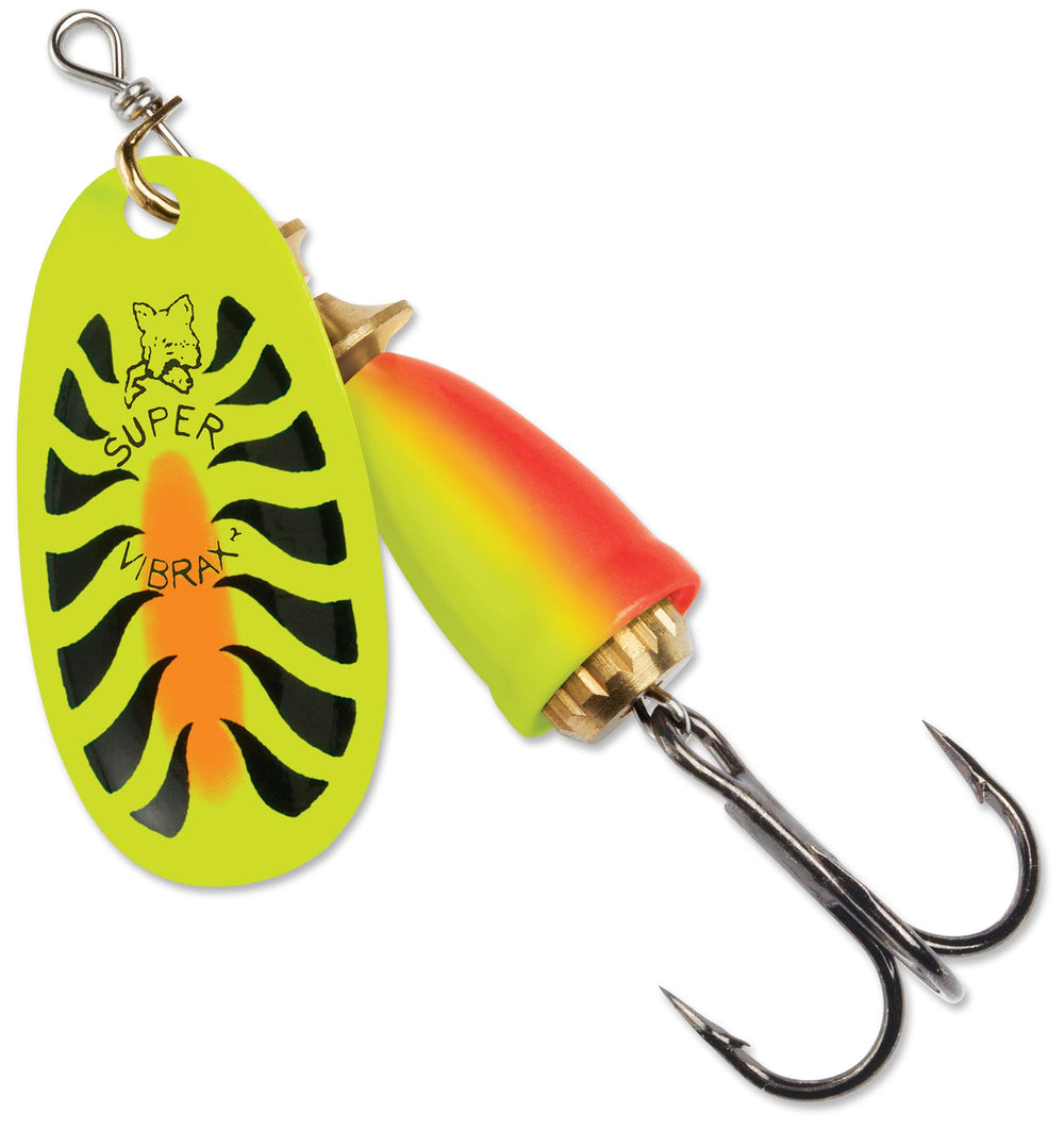 Rapala Blue Fox Super Vibrax Fire Tiger spinner blade in action attracting fish with sonic vibrations.