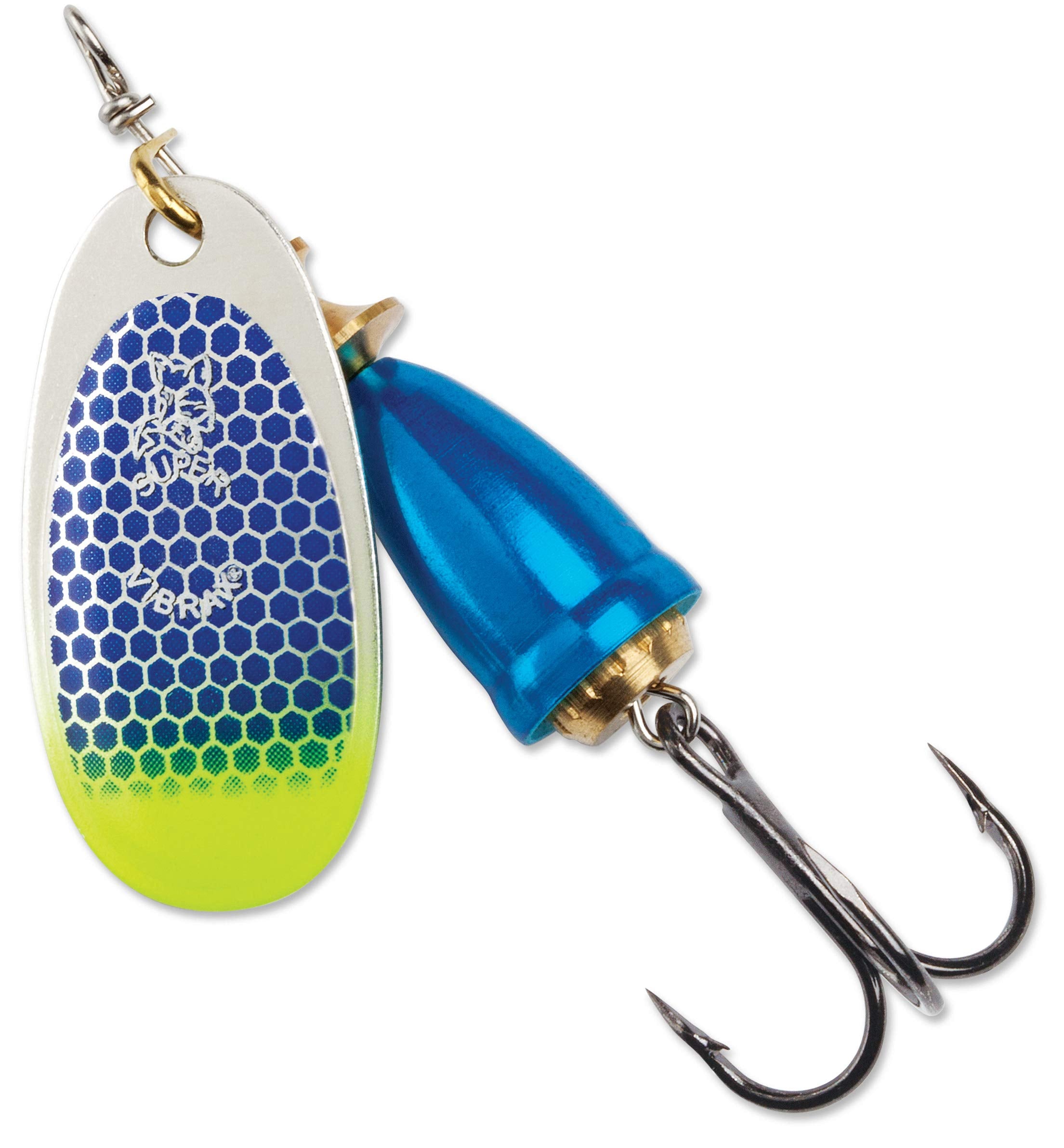 Rapala Blue Fox Vibrax lure with blue scale and chartreuse tip UV attracts fish in murky water