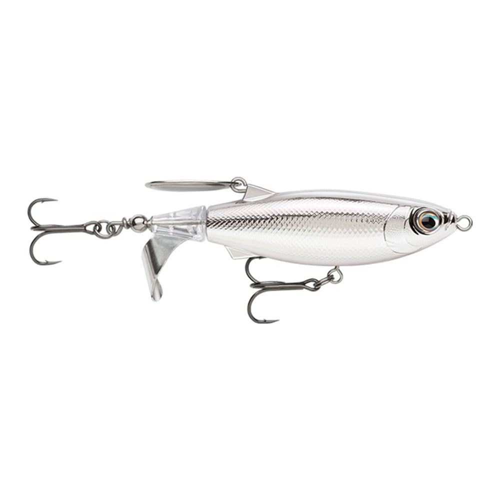 Rapala ClapTail 110 topwater lure in pure chrome, designed for surface splashes and bass attraction.