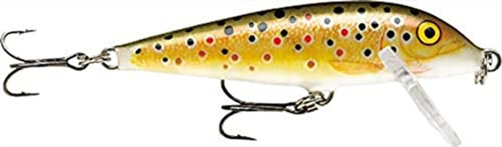 Rapala Countdown brown trout lure front view highlighting balanced balsa body and controlled action.