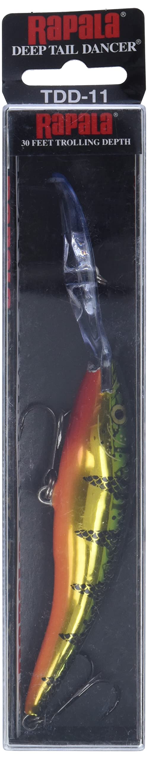 Rapala Deep Tail Dancer 11 Flash Perch features internal rattle for added presence.