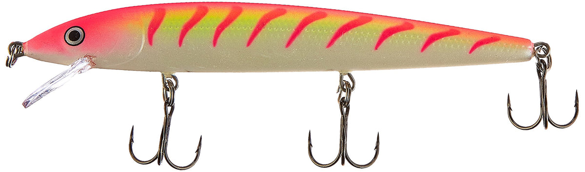 Rapala Husky Jerk 14 Pink Tiger UV lure front view highlighting minnow-like action.