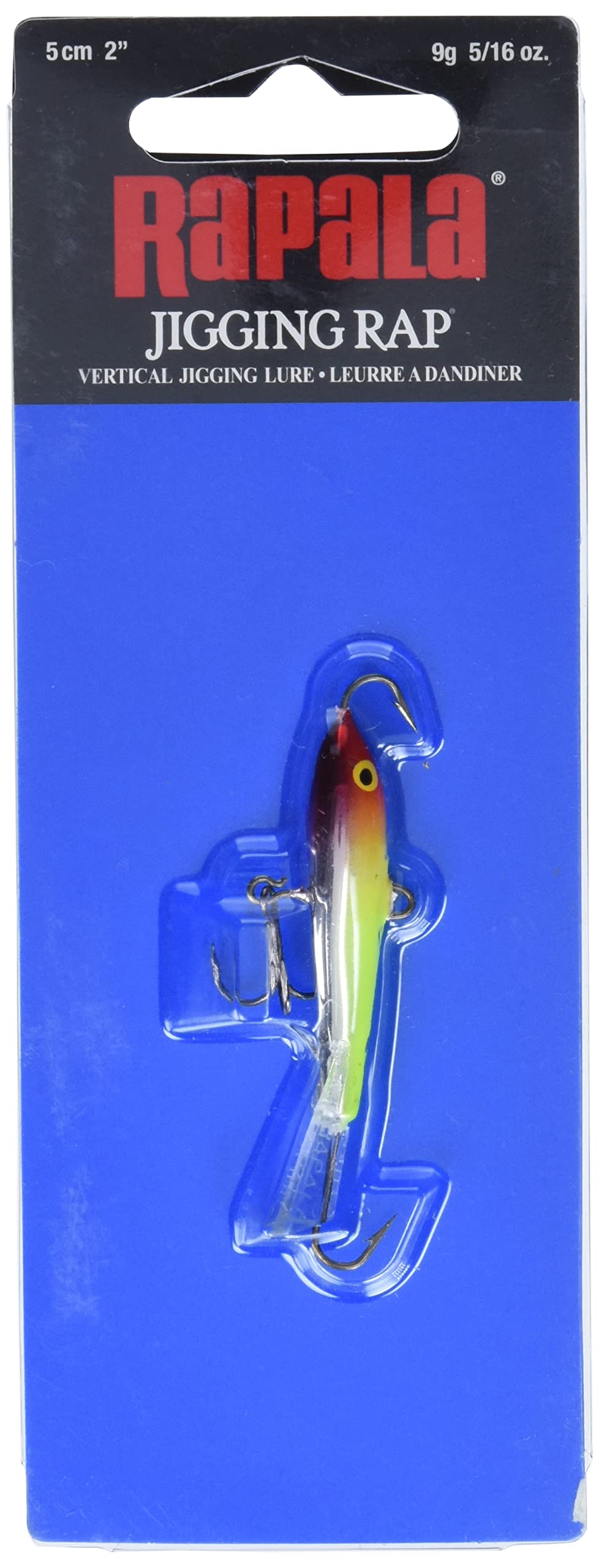Rapala Jigging Rap 05 Clown detail of center treble and hooks.