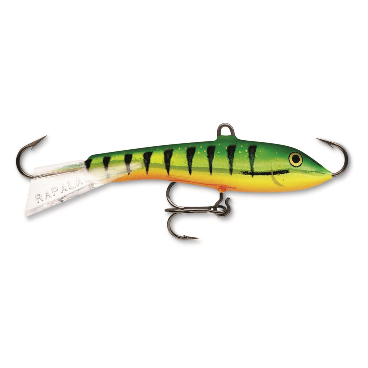 Rapala Jigging Rap 09 Clown treble hooks and hardware close up