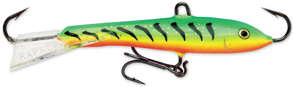 Rapala Jigging Rap 09 Glow Tiger side view highlights minnow profile for enticing strikes.