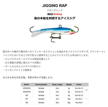 Rapala Jigging Rap front view, chrome lure ready for fast drops in deep water.