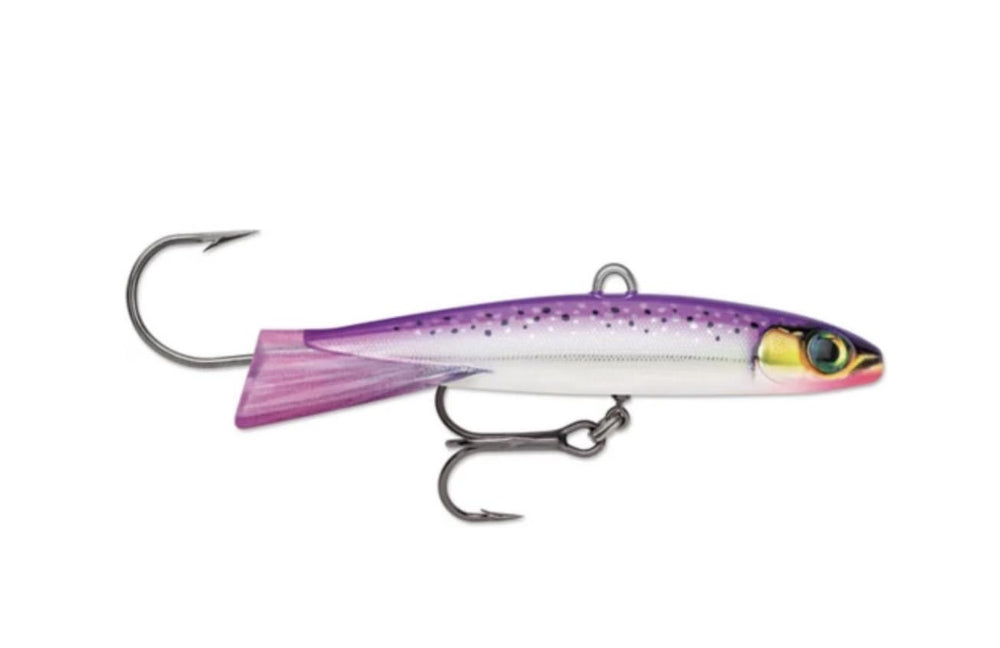 Rapala Jigging Rap Magnum Purpledescent lure for ice fishing with vertical jigging action.
