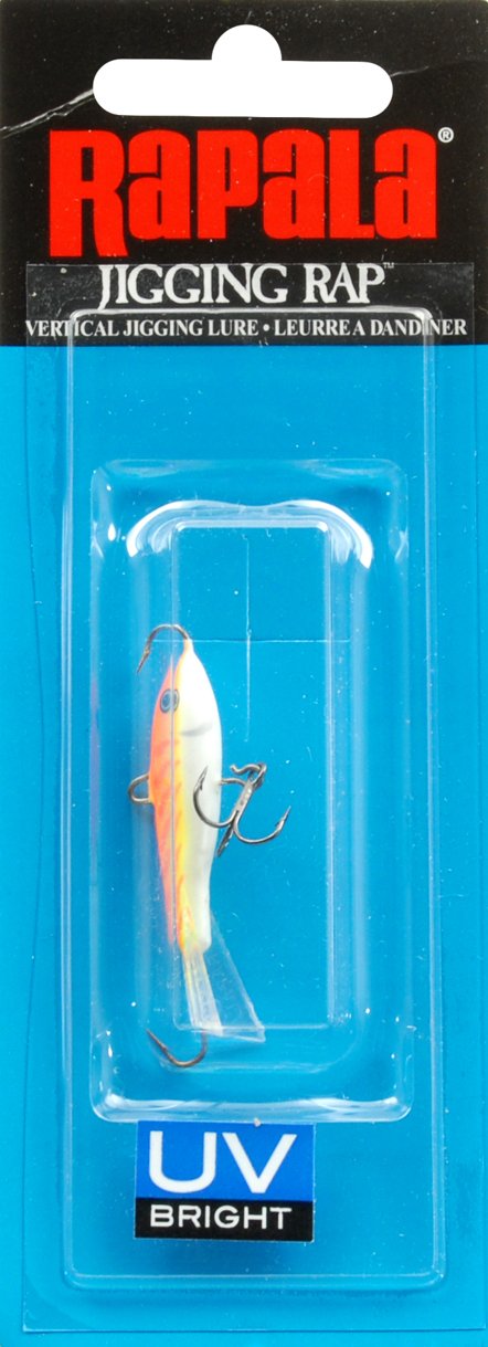 Rapala Jigging Rap orange tiger UV lure for ice fishing, designed to trigger walleye and pike bites
