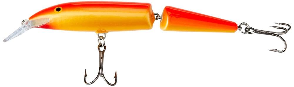 Rapala Jointed 13 Gold Fluorescent Red lure side profile showing color and action.