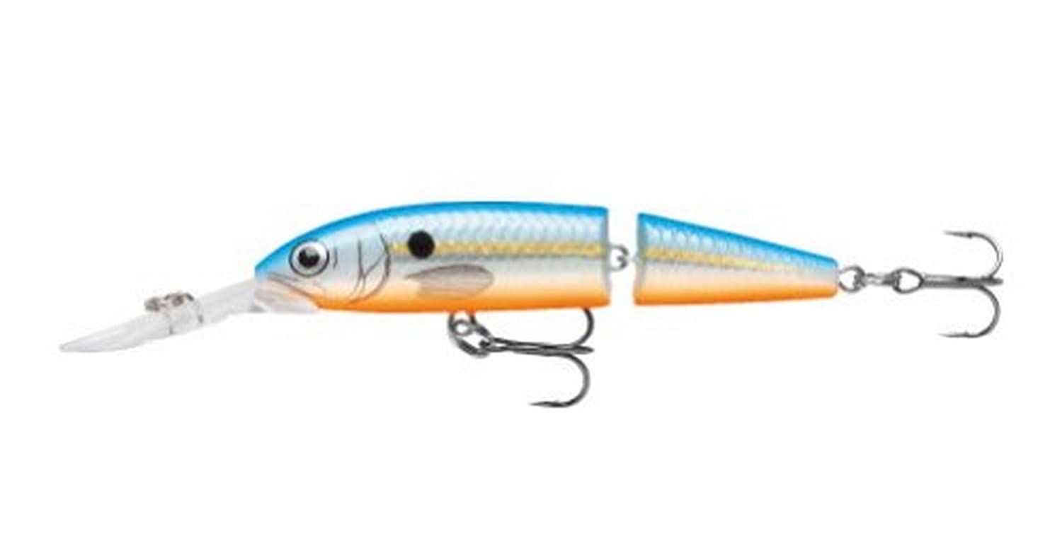 Rapala Jointed Deep Husky Jerk 08 Blue Shad lure, steady run with wounded-minnow wobble to attract bites.