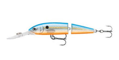 Rapala Jointed Deep Husky Jerk 08 Blue Shad lure, steady run with wounded-minnow wobble to attract bites.