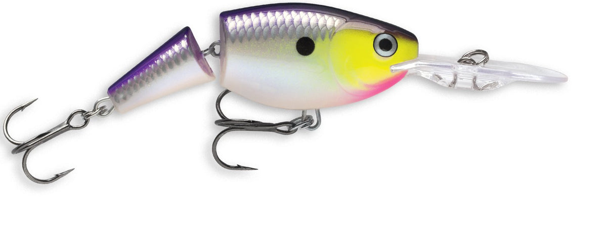 Rapala Jointed Shad Rap 04 Purpledescent in action, mimicking a wounded baitfish for enticing strikes.