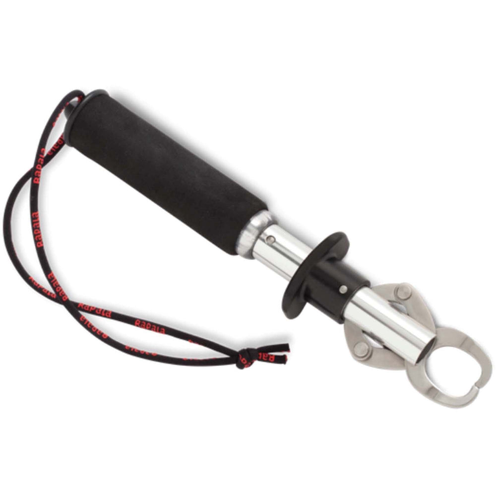 Rapala Mechanical Fish Gripper in black and silver with a soft-grip handle for secure one-handed use.