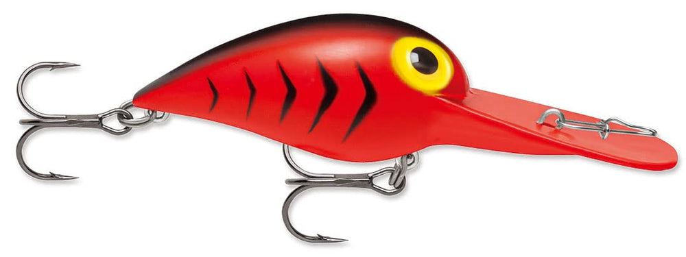 Rapala Original Deep Wiggle Wart 05 Fluorescent Red/Black HB with deep wobble attracts strikes.