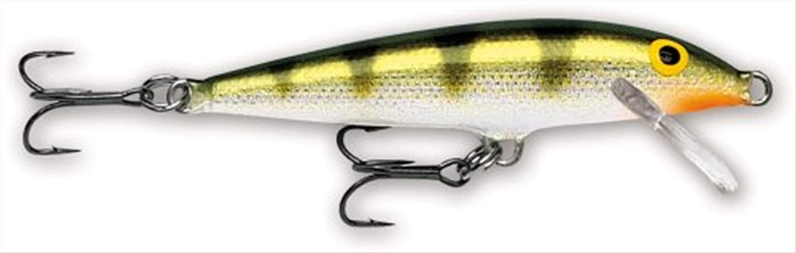 Rapala Original Floater 07 in Yellow Perch, front view, wounded minnow action for versatile fishing