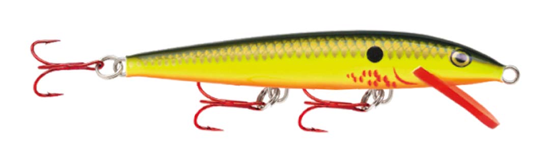 Rapala Original Floater 11 Bleeding Hot Olive, front view, lifelike minnow profile for versatile shallow-to-surface fishing