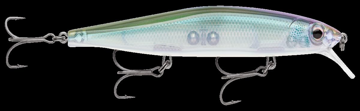 Rapala Precision Xtreme Mavrik jerkbait in Crystal Shad color for long casts and reaction strikes.
