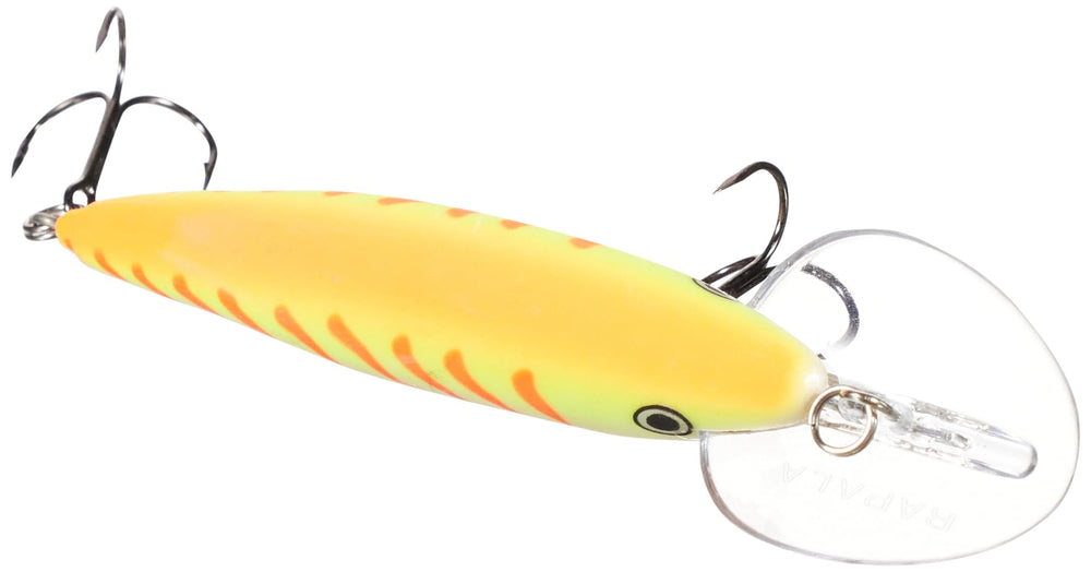 Rapala Scatter Rap Tail Dancer 09 orange tiger UV lure angled shot emphasizing UV flash and tail action