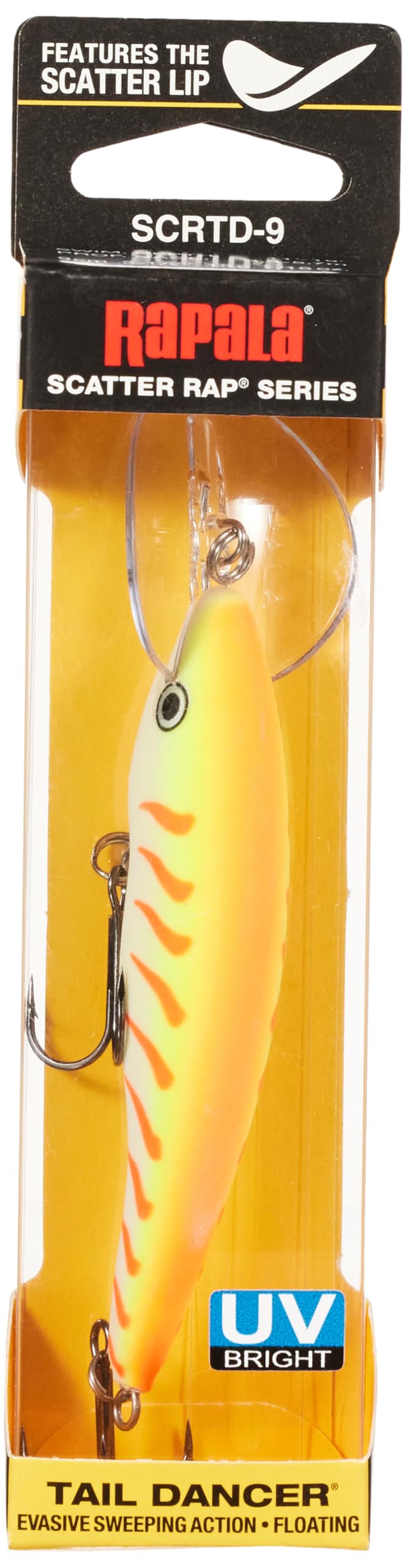 Rapala Scatter Rap Tail Dancer 09 orange tiger UV lure front view highlighting erratic action for casting