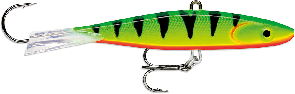 Rapala Jigging Shadow Rap lure glowing for ice fishing, ideal for walleye, pike, and perch.