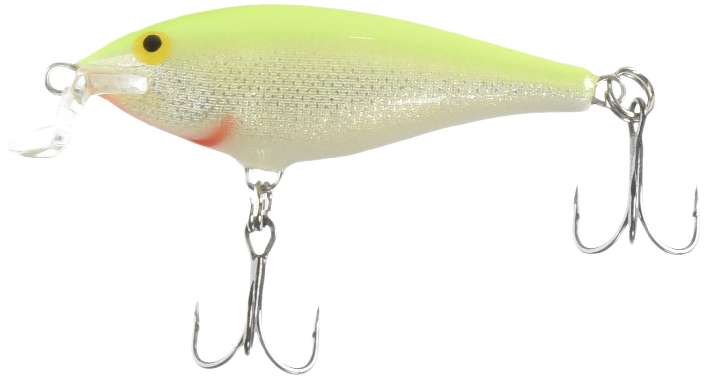 Rapala Shallow Shad Rap 05 lure front view in silver fluorescent chartreuse boosts shallow water visibility.