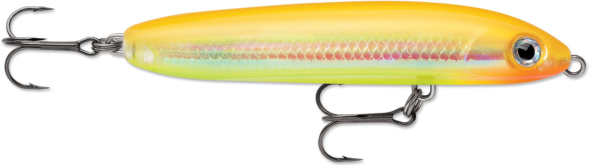Rapala Skitter V 10 Bone Chartreuse topwater lure improves surface strike opportunities.