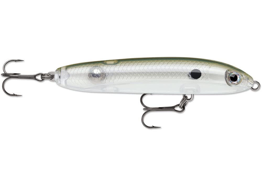 Rapala Skitter V topwater lure in Clear Pale Olive performing walking-the-dog action for bass