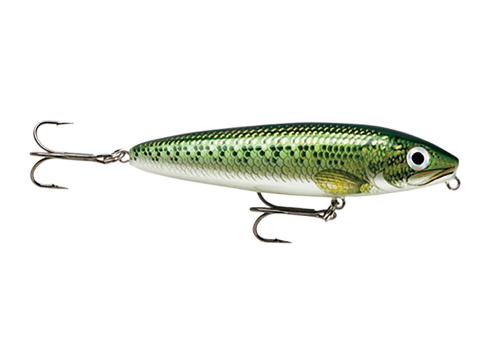 Rapala Skitter Walk 08 Baby Bass front view demonstrates topwater action for wounded-bait imitation