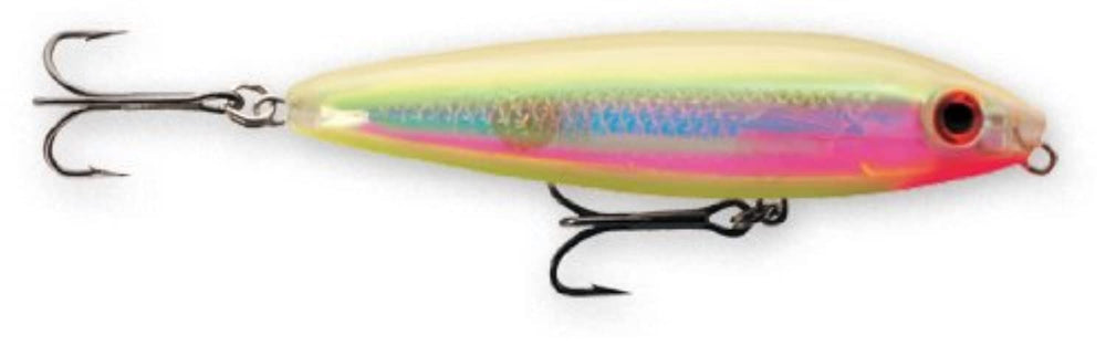 Rapala Skitter Walk 08 lure with holographic bone chartreuse for realistic wounded-bait action.