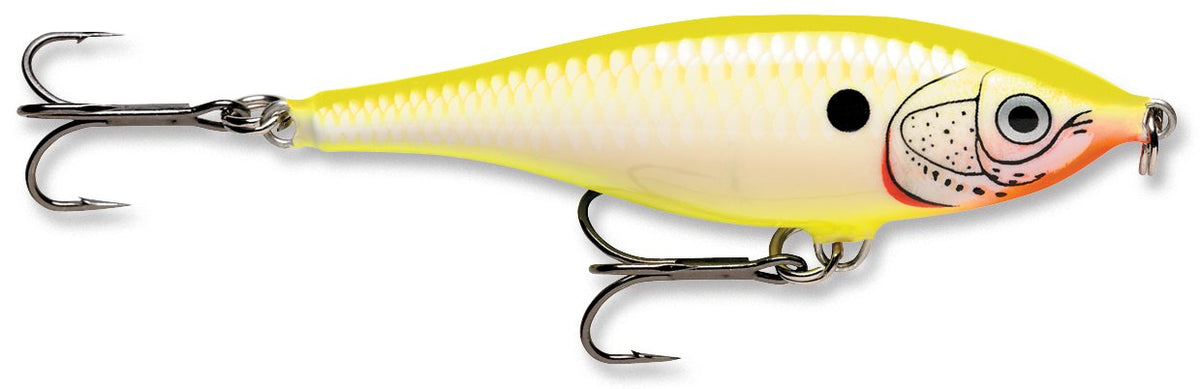 Rapala Twitchin' Rap lure in Hot Bone color triggers aggressive strikes during twitch and pause retrieves.