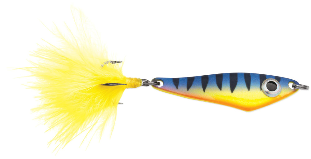 Rapala VMC Hatchet Spoon in action with bright flash to attract walleye, trout, and panfish.