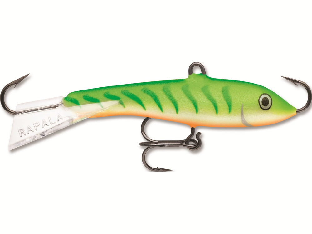 Rapala W2GTU Jigging Rap in Green Tiger UV attracts bites during ice fishing.