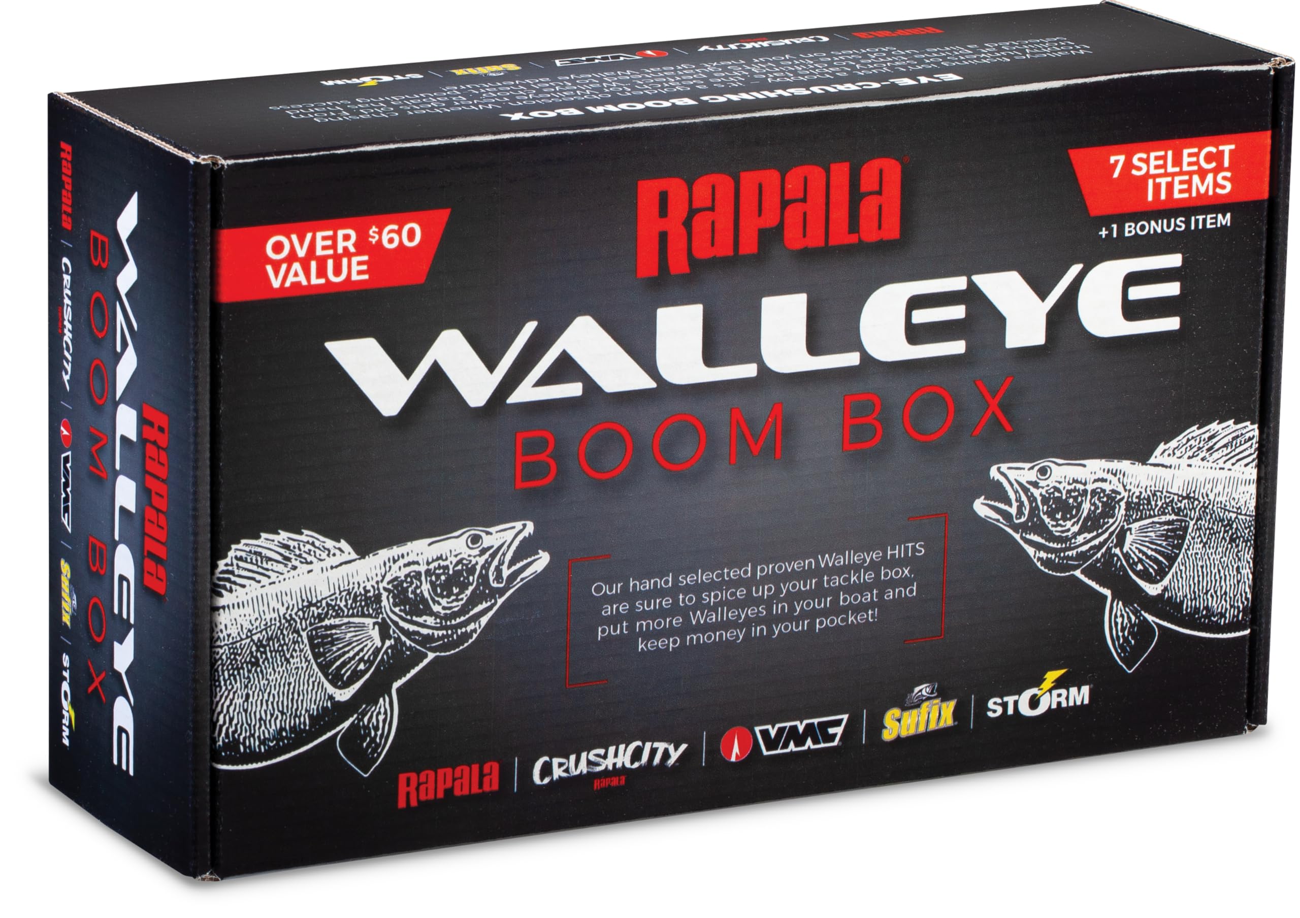 Rapala Walleye Boom Box on display with 7 lures and a bonus item
