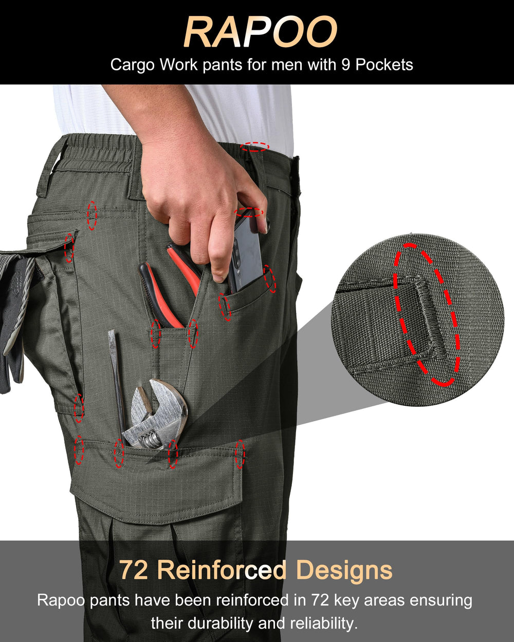 Rapoo Cargo pants with nine pockets help organize gear on hikes.