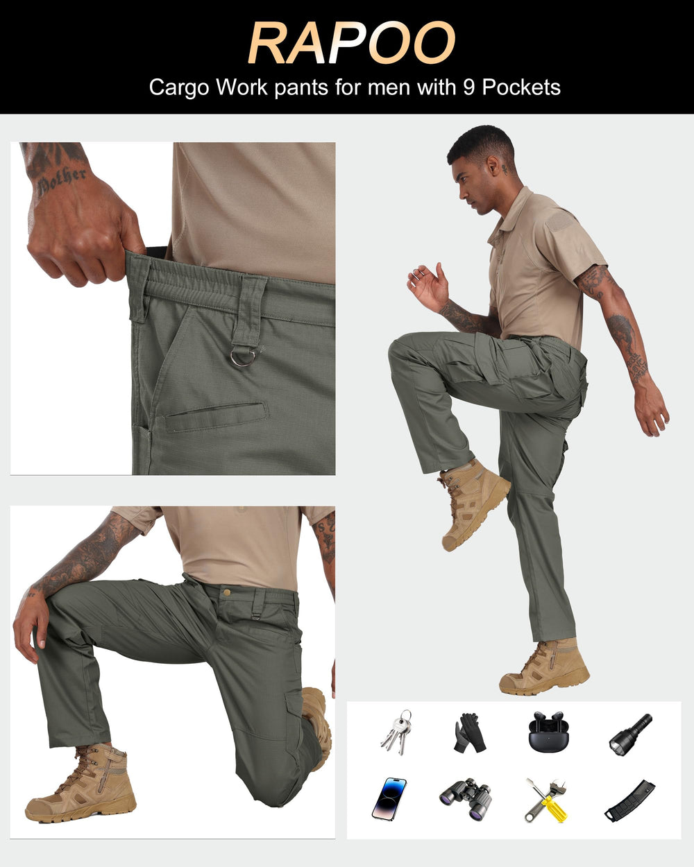 Rapoo Cargo pants designed for outdoor activities in green.