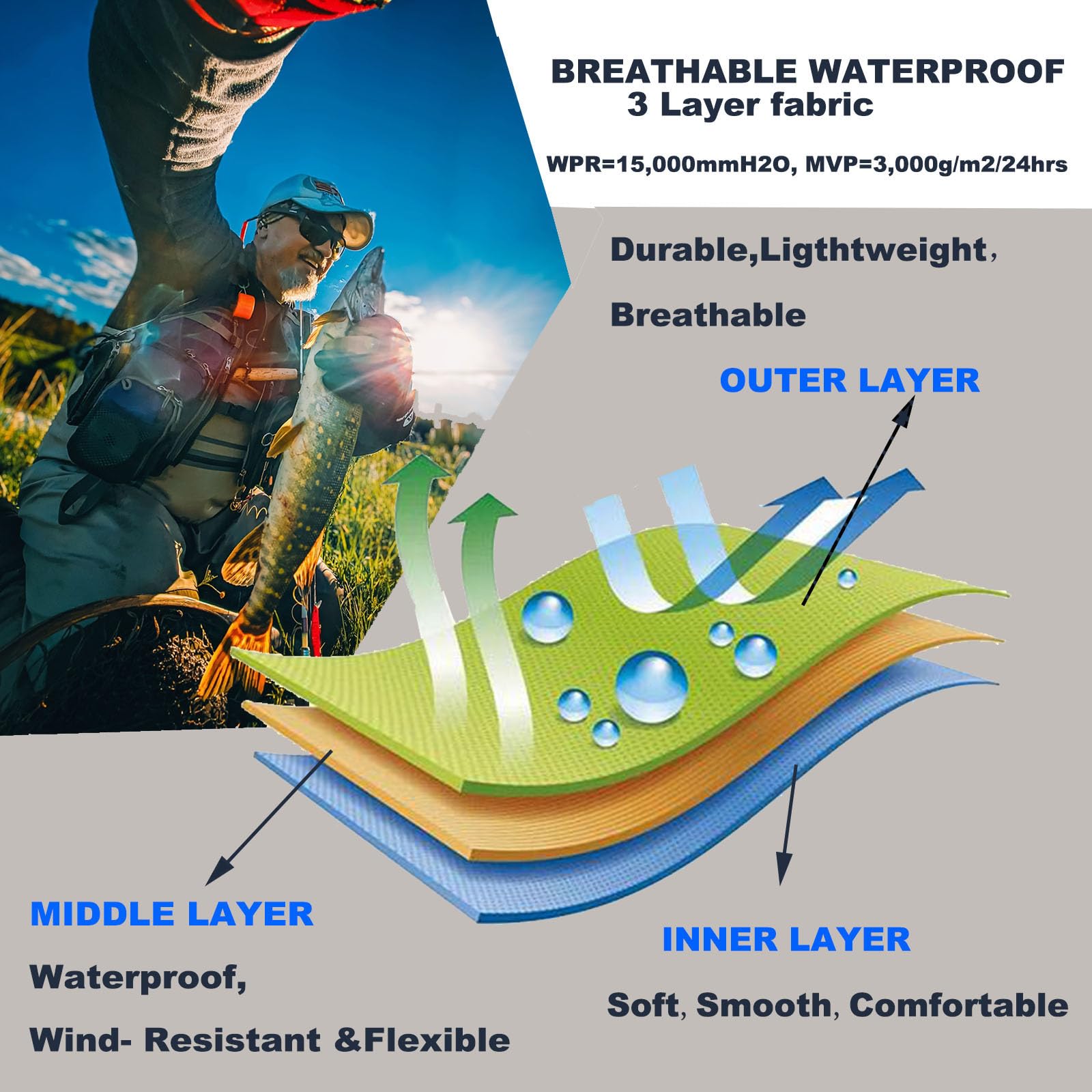 Raprance waders feature 3-ply breathable fabric and neoprene for dry, comfortable wear.