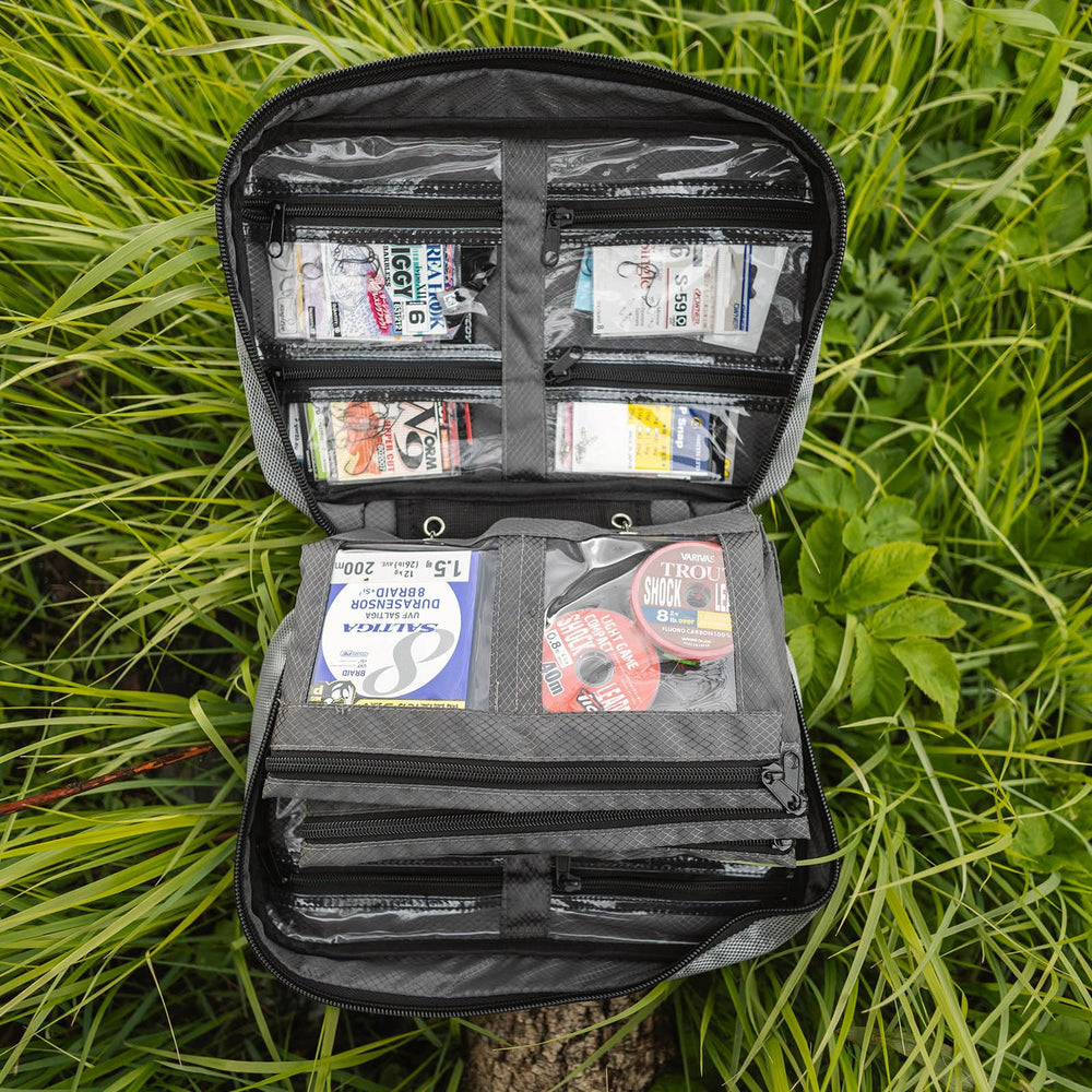 Open view showing 6 reinforced zippered compartments with clear PVC windows