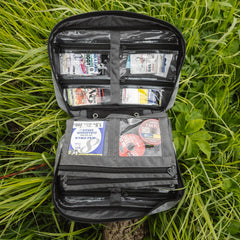 Open view showing 6 reinforced zippered compartments with clear PVC windows