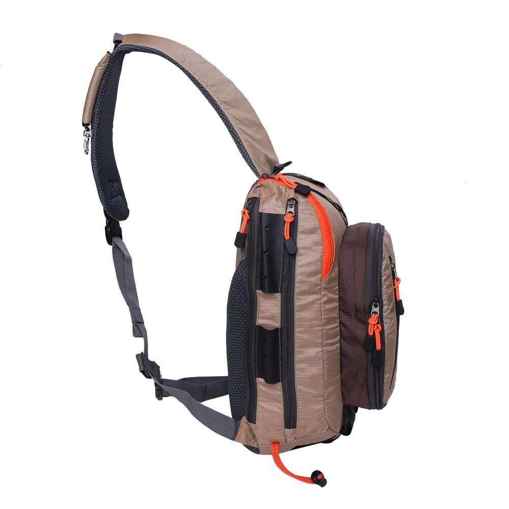 Khaki sling pack right side with compartments and rod holder