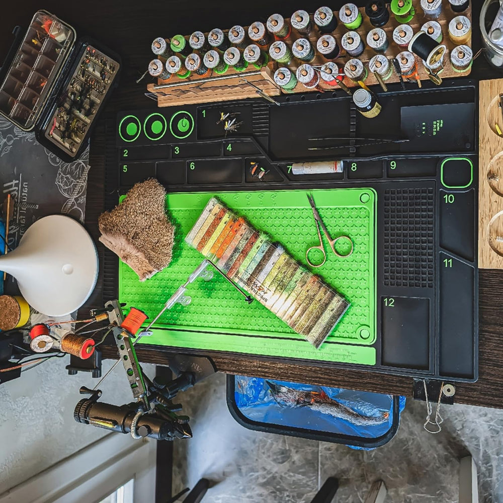 Raprance Fly Tying Mat & Storage Station highlights storage compartments for organized tools.
