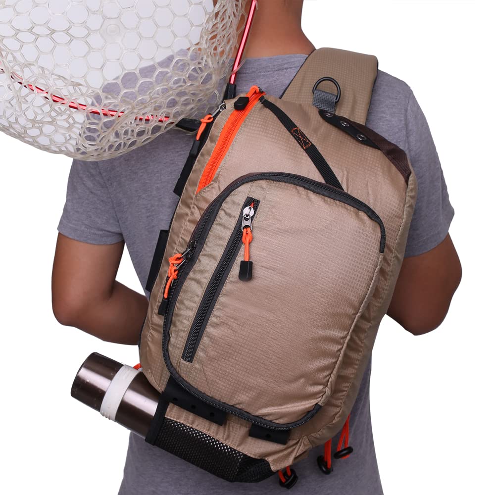 Sling pack showing multiple pockets and attachment points