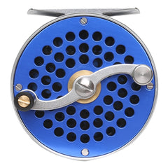 Raprance Vintage Classic Fly Reel blue rear view emphasizes classic click-and-pawl tension for authentic feel.