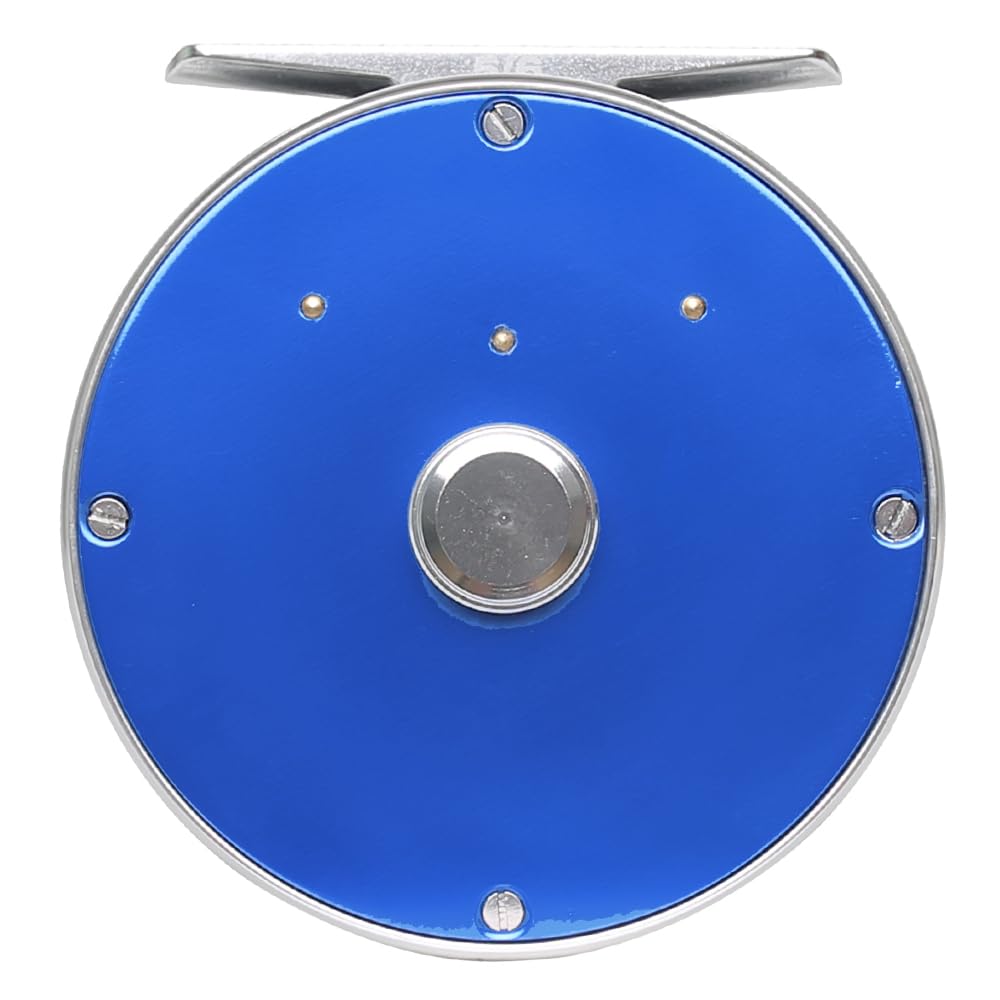 Raprance Vintage Classic Fly Reel blue side view highlights ambidextrous handling and quick-convert drag.