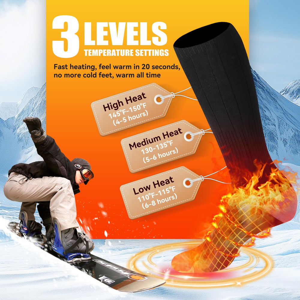 Rasfalo heated socks battery pack view, long-lasting warmth for camping or hiking.