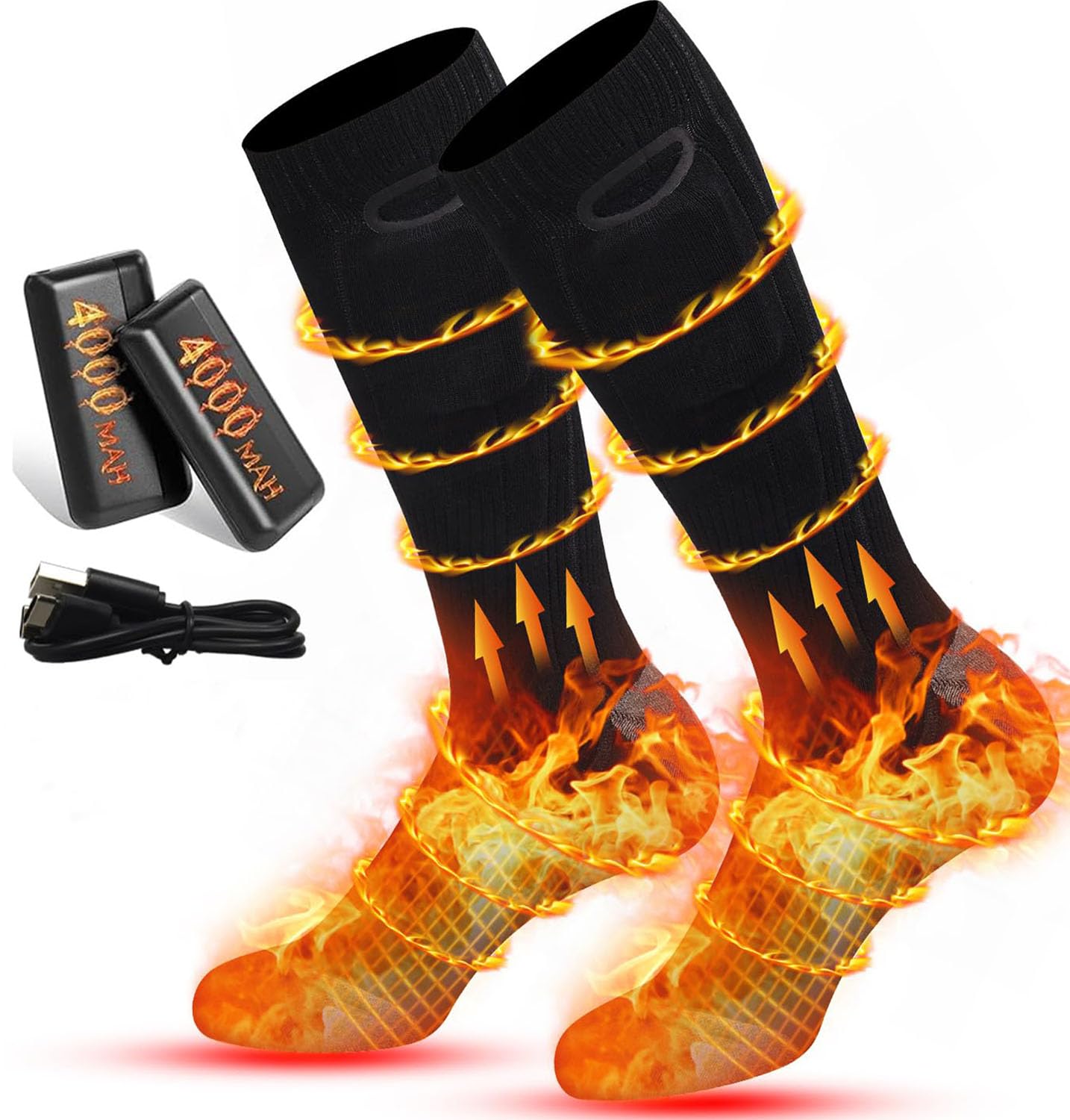 Rasfalo heated socks front view, keeping feet warm during winter outdoor activities.