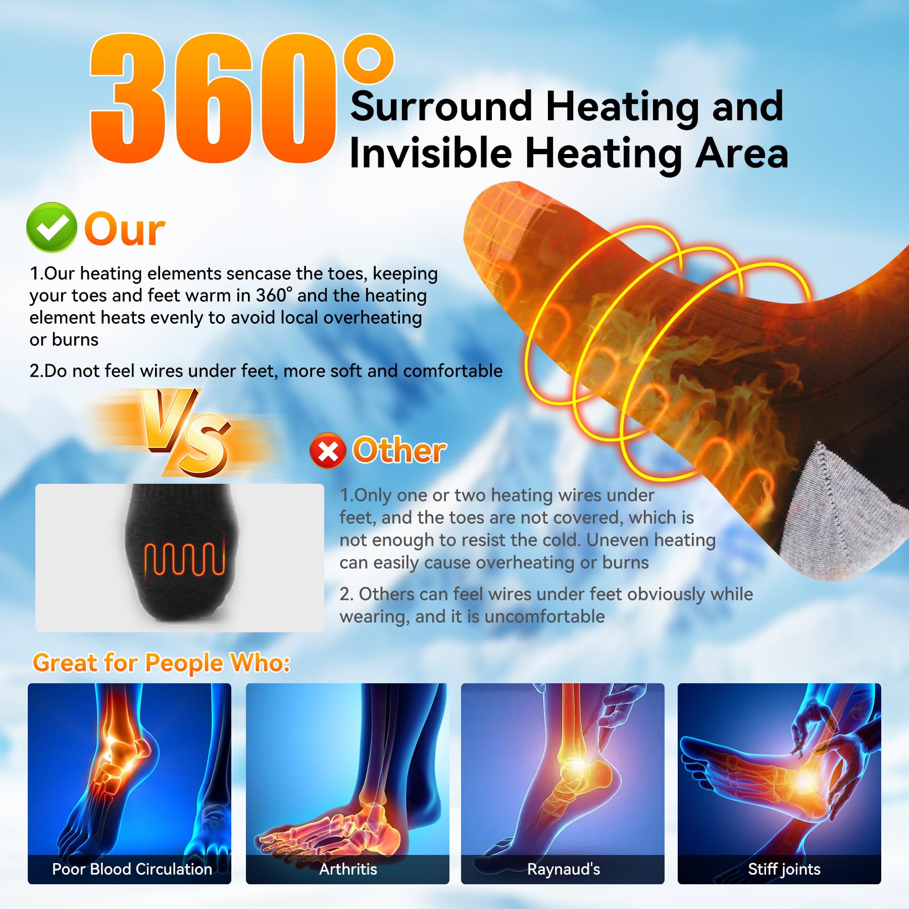 Rasfalo heated socks toe-area warmth, even front-to-toe heating.