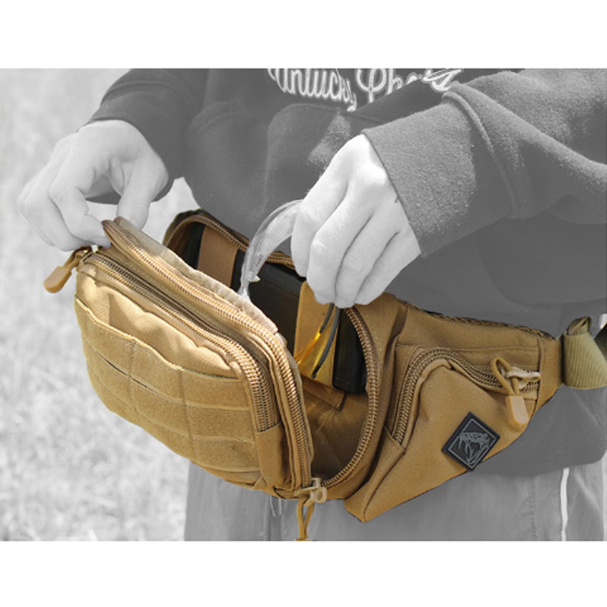 Rattlesnake Tactical fanny pack tan back panel and strap emphasizing all-day comfort.