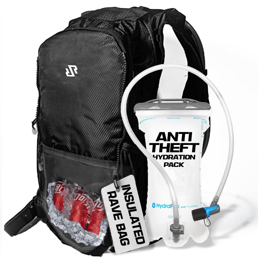 RaveRunner anti-theft hydration backpack front view showing secure pockets for festivals